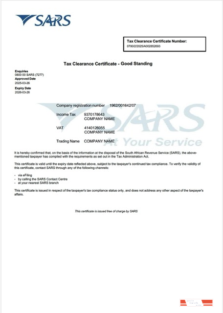 South Africa tax clearance certificate Word and PDF template